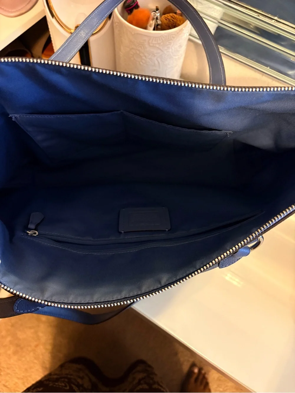 Coach Blue Leather Tote with Front Zip and Top Handles